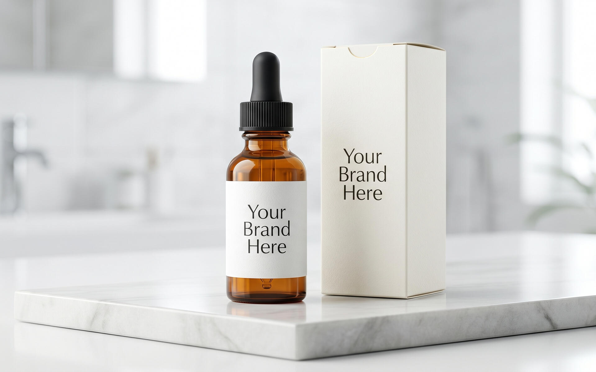 Private label amber skincare dropper bottle and packaging mockup for Sideros Derma.